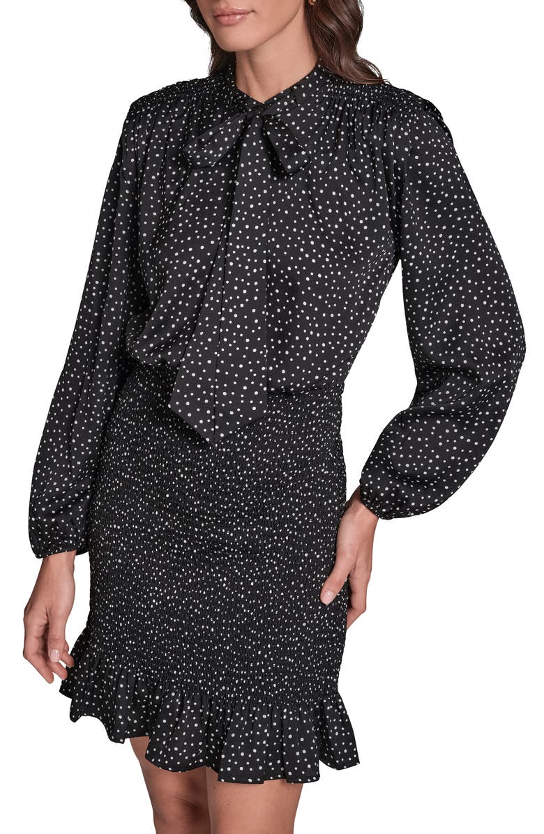 BCBG Polka Dot Long Sleeve Smocked Skirt Hammered Satin Dress, Alternate, color, Black/White