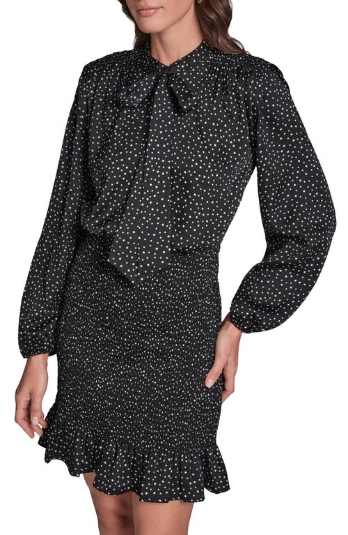 Bcbg Polka Dot Long Sleeve Smocked Skirt Hammered Satin Dress In Multi