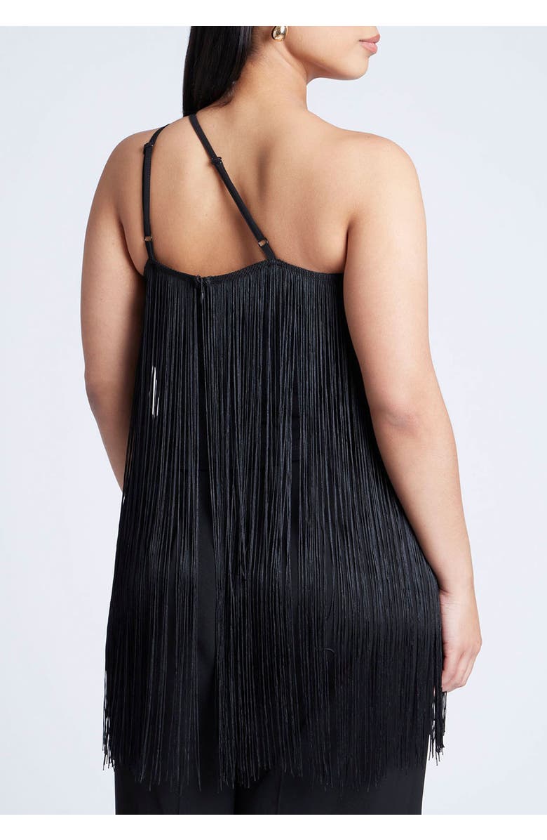 ELOQUII One-Shoulder Fringe Top, Alternate, color, Black Onyx