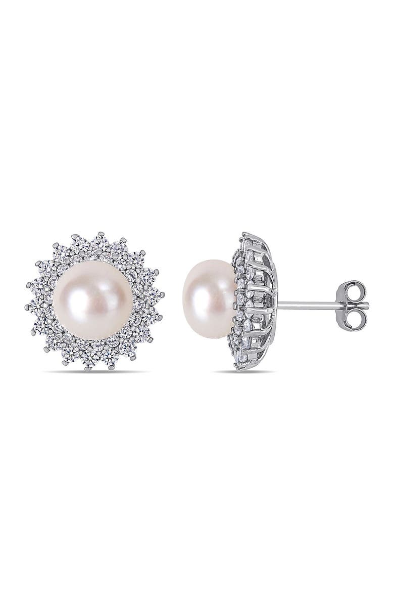 DELMAR Sterling Silver 8.5-9mm Freshwater Cultured Pearl & CZ Stud Earrings, Main, color, 