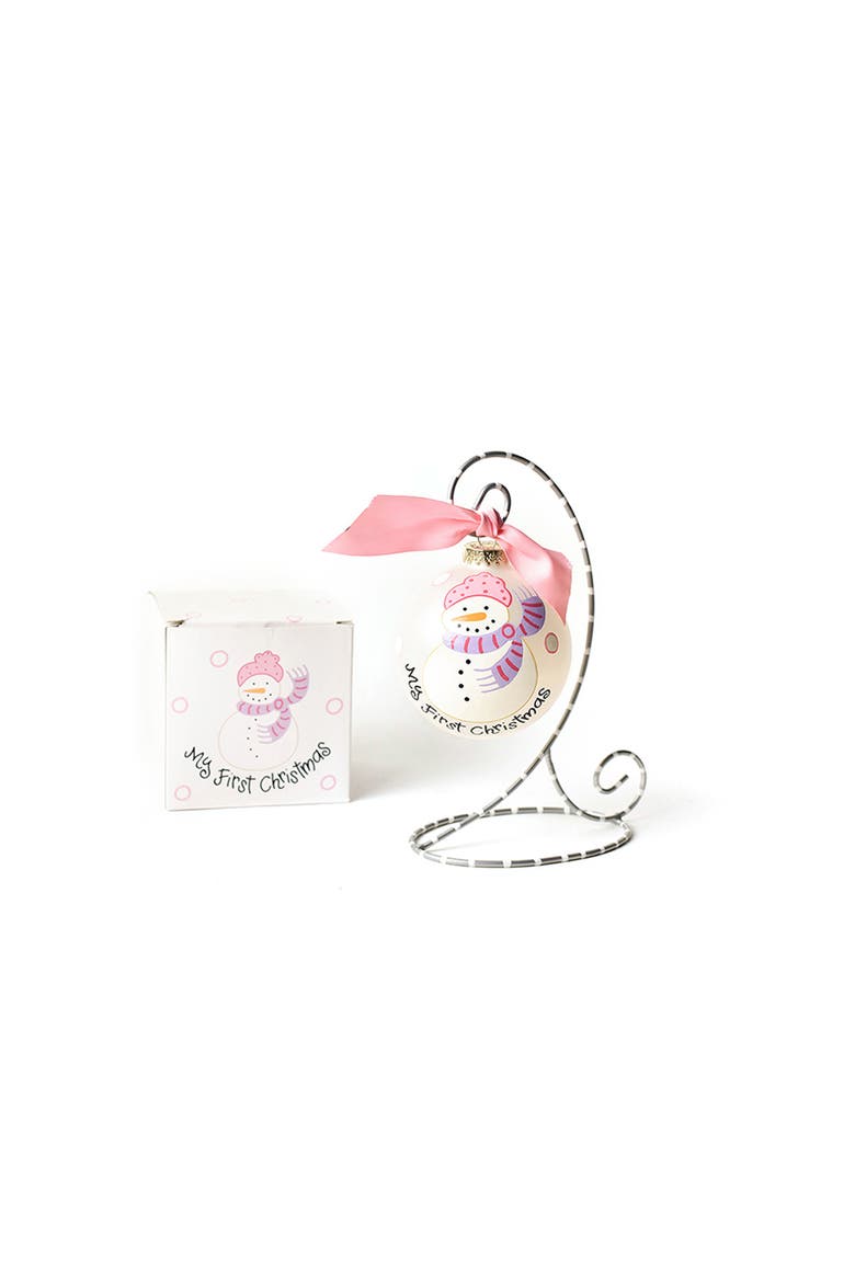 Girls First Christmas Snowman Glass Ornament with Stand, Main, color, White