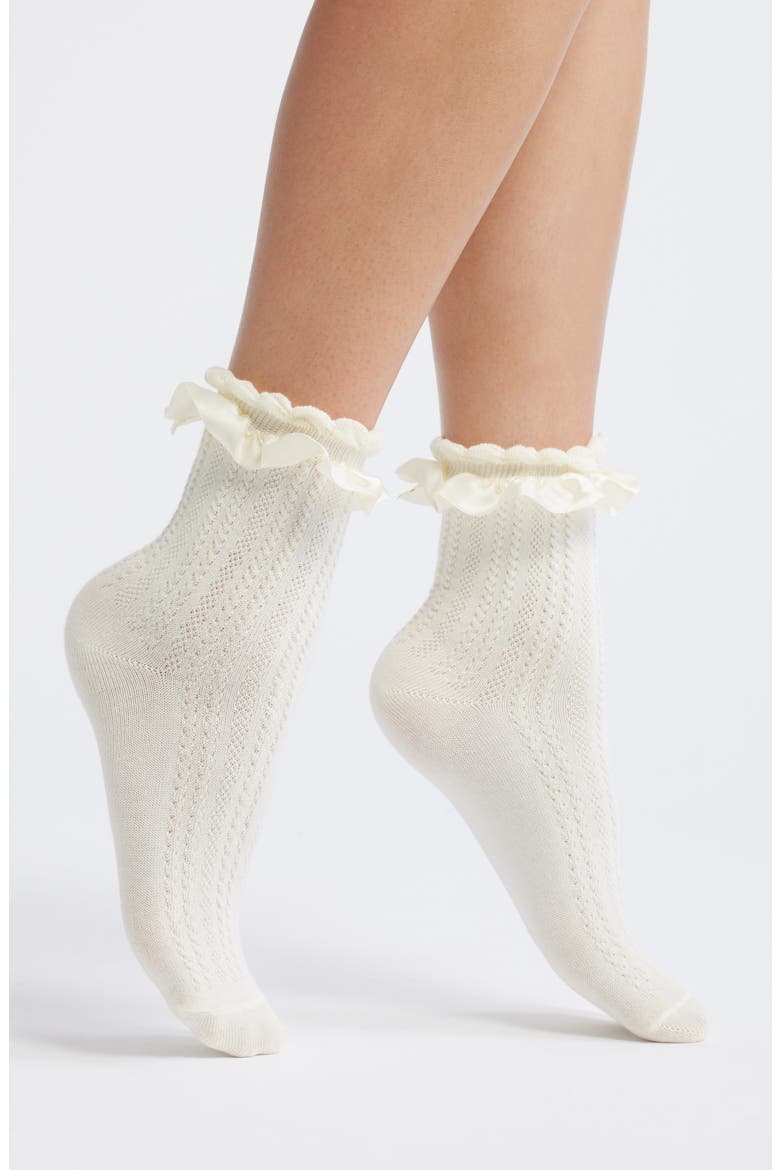 Chelsea Ruffle Cotton Blend Pointelle Crew Socks, Main, color, IVORY