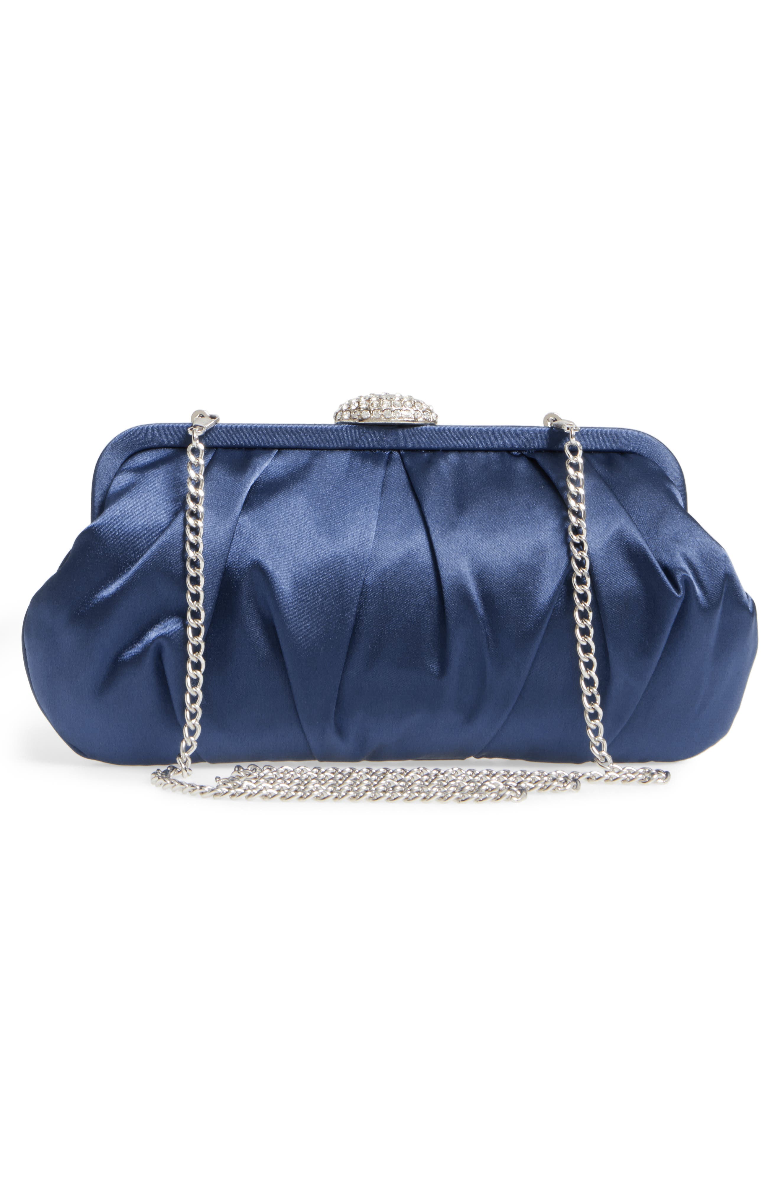 Concord Pleated Satin Frame Clutch, Alternate, color, NAVY