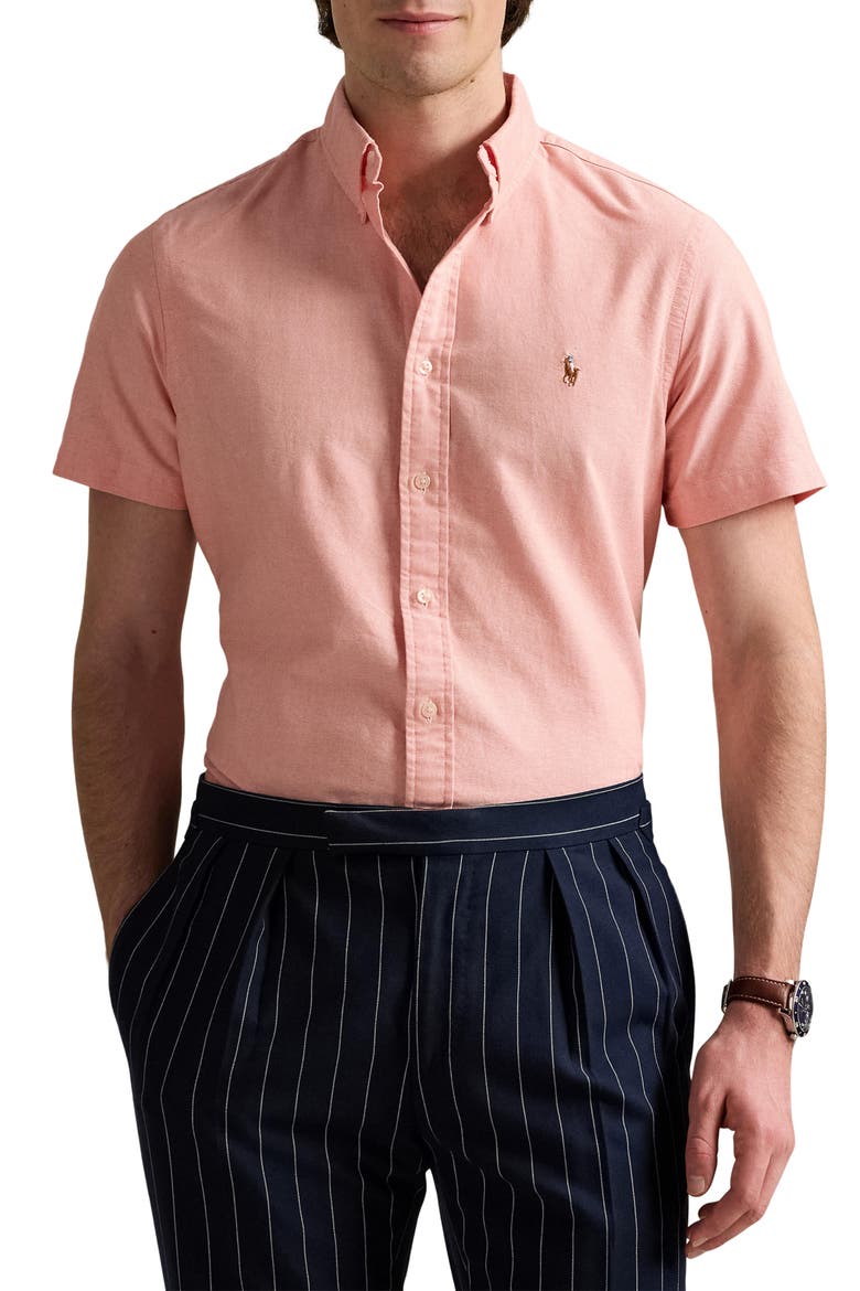 Classic Fit Short Sleeve Button-Down Oxford Shirt, Main, color, KONA ORANGE