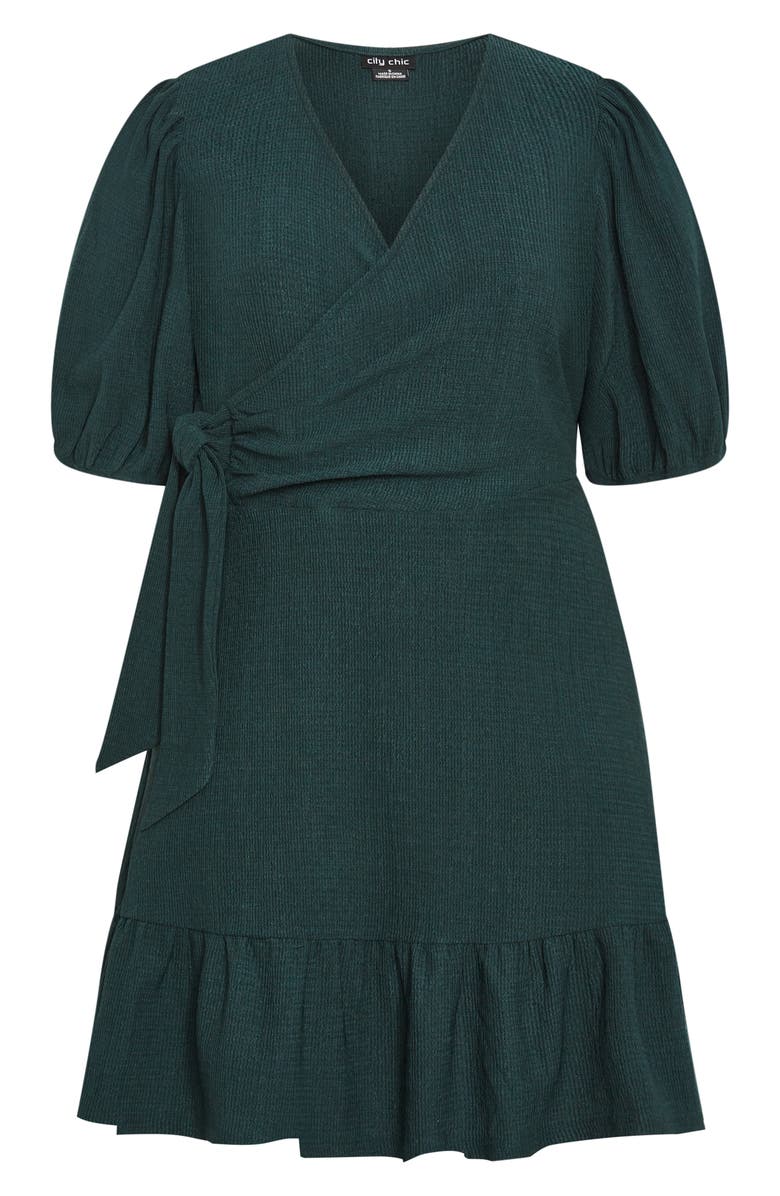 City Chic Katelyn Puff Sleeve Faux Wrap Dress, Alternate, color, Emerald