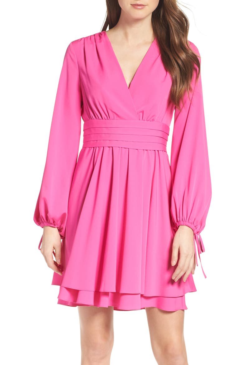 Tie Sleeve Fit & Flare Dress, Main, color, FUCHSIA