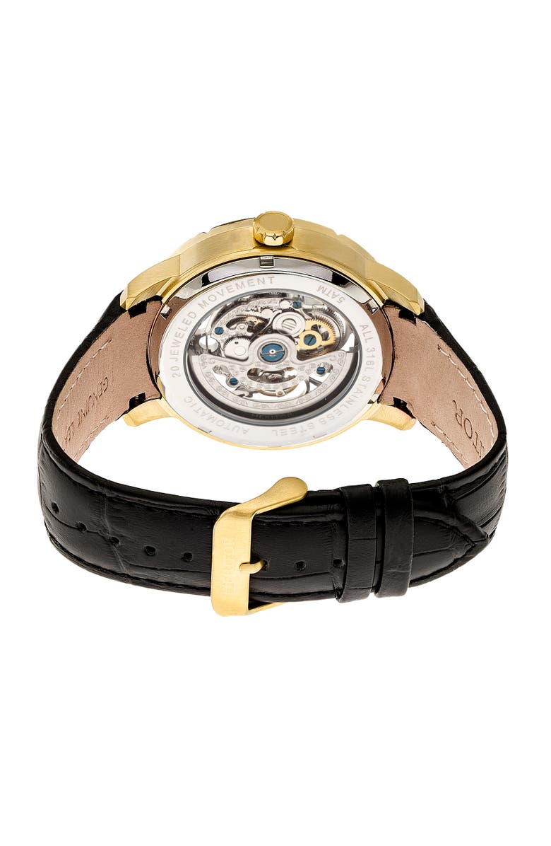 Heritor Automatic Ryder Skeleton Leather-Band Watch, Alternate, color, Black/Gold