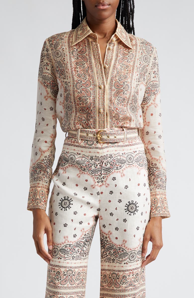 Zimmermann Matchmaker Bandana Print Tie Neck Linen & Silk Button-Up Shirt, Main, color, 