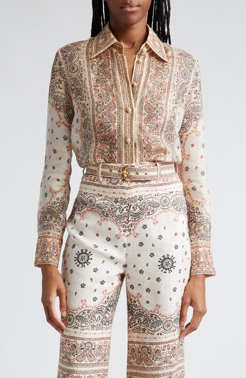 Matchmaker Bandana Print Tie Neck Linen & Silk Button-Up Shirt