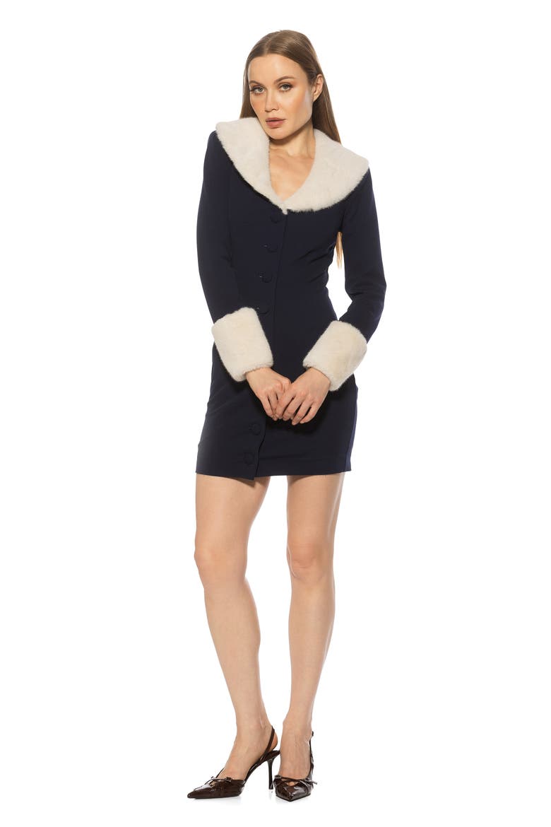 Sabrina Faux Fur Trim Minidress, Alternate, color, NAVY/ IVORY