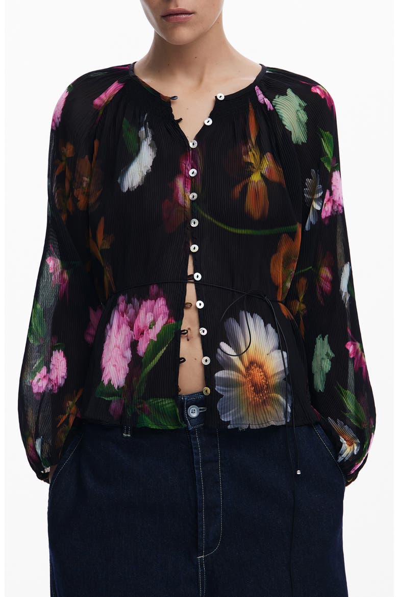 Floral Print Plissé Top, Main, color, BLACK