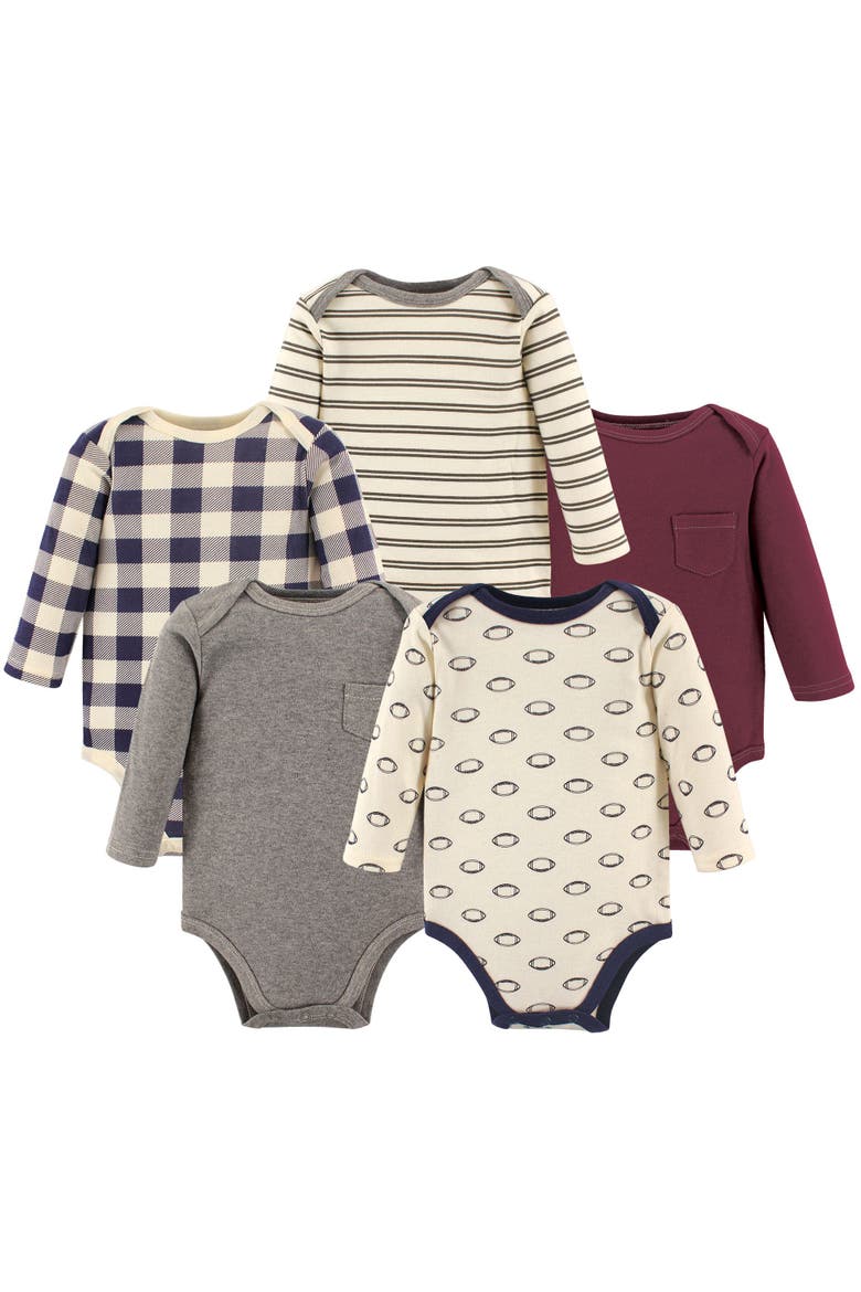 Five-Piece Collection of Long-Sleeve Cotton Bodysuits, Main, color, Burgundy Football