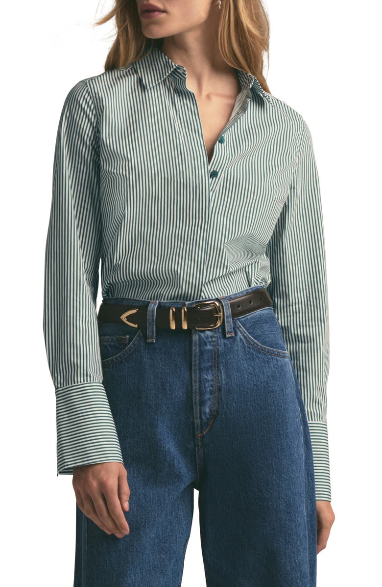 Favorite Daughter The Classic Stripe Cotton Poplin Button-Up Shirt, Main, color, Green Stripe