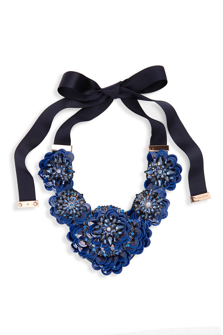 snowy nights sequin statement necklace, Main, color, NAVY MULTI