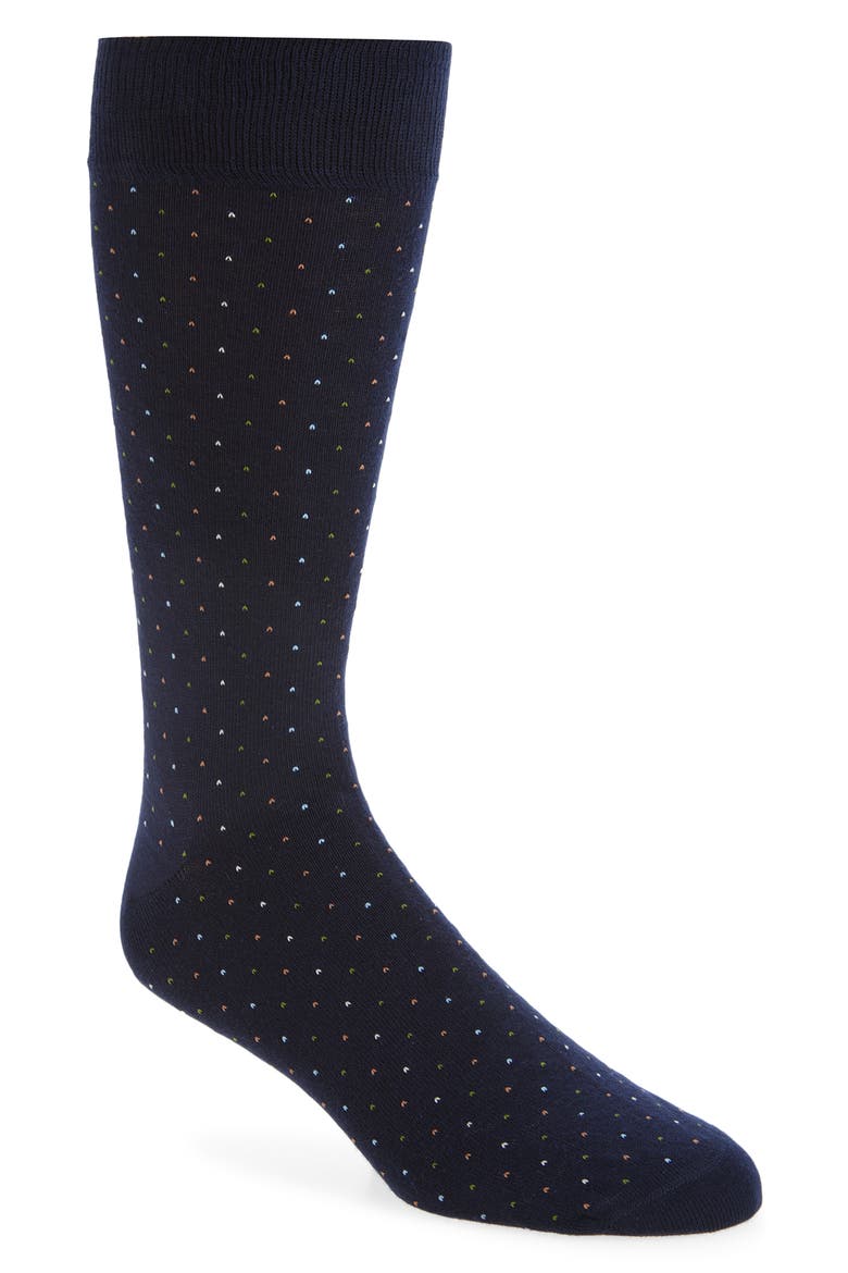 Dot Cotton Blend Dress Socks, Main, color, NAVY