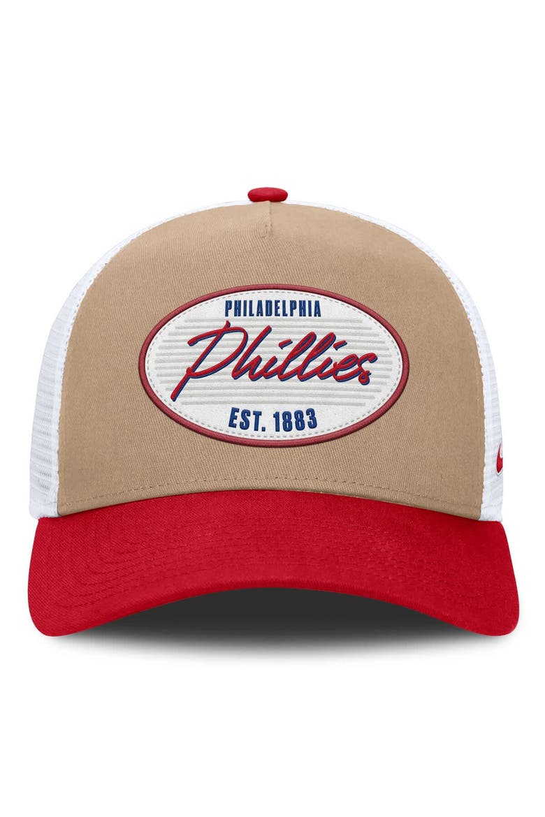 Men's Nike  Khaki/Red Philadelphia Phillies Rise A-Frame Trucker Adjustable Hat, Alternate, color, Khaki