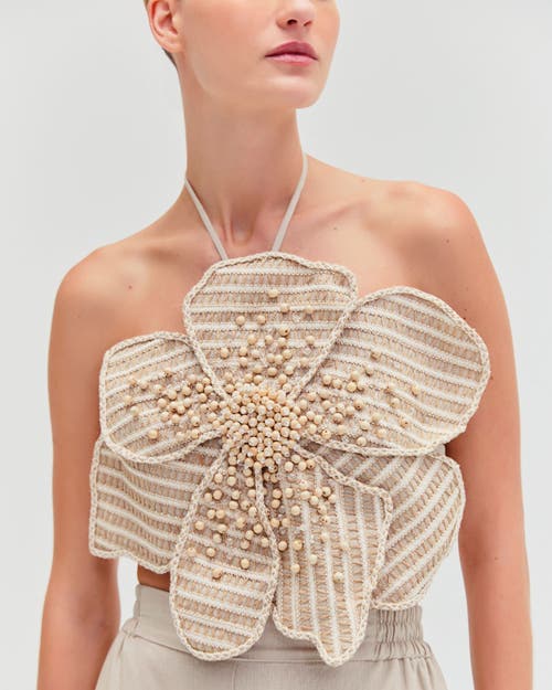 Patbo Candy Linen Hand-beaded Flower Top In Natural