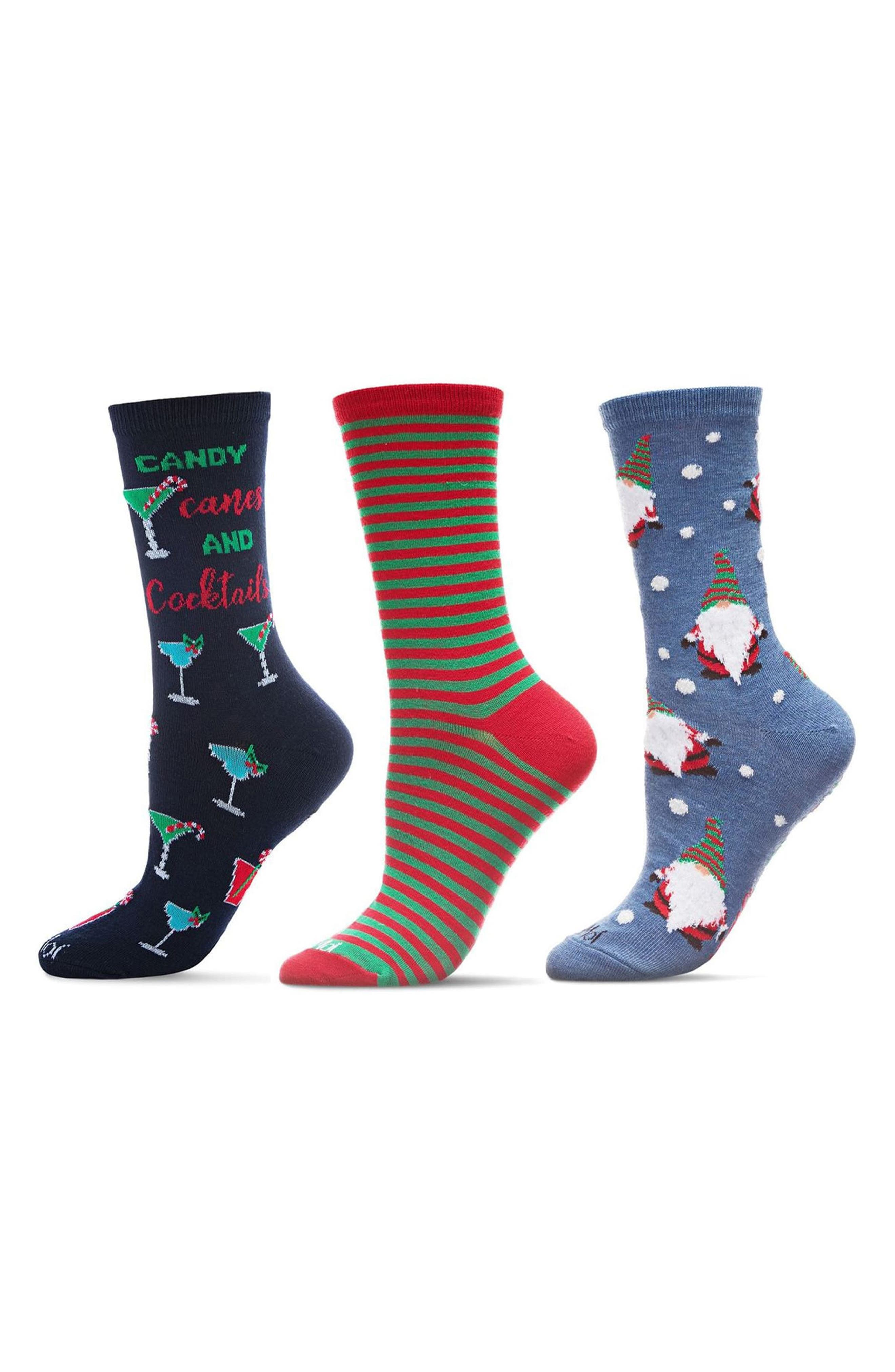 MeMoi Christmas Assorted 3-Pack Crew Socks in Denim Heather 