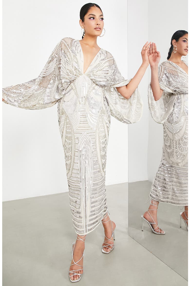 EDITION Sequin Long Sleeve Midi Dress, Main, color, WHITE