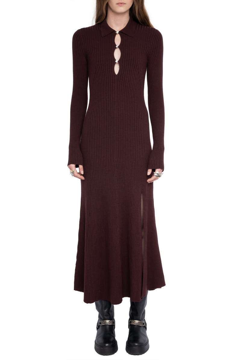 Zadig & Voltaire Lysasa Crystal Button Long Sleeve Merino Wool Blend Sweater Dress, Main, color, Burgundy