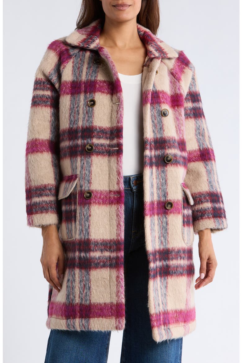 Plaid Faux Fur Peacoat, Alternate, color, BEIGE BURGUNDY PLAID