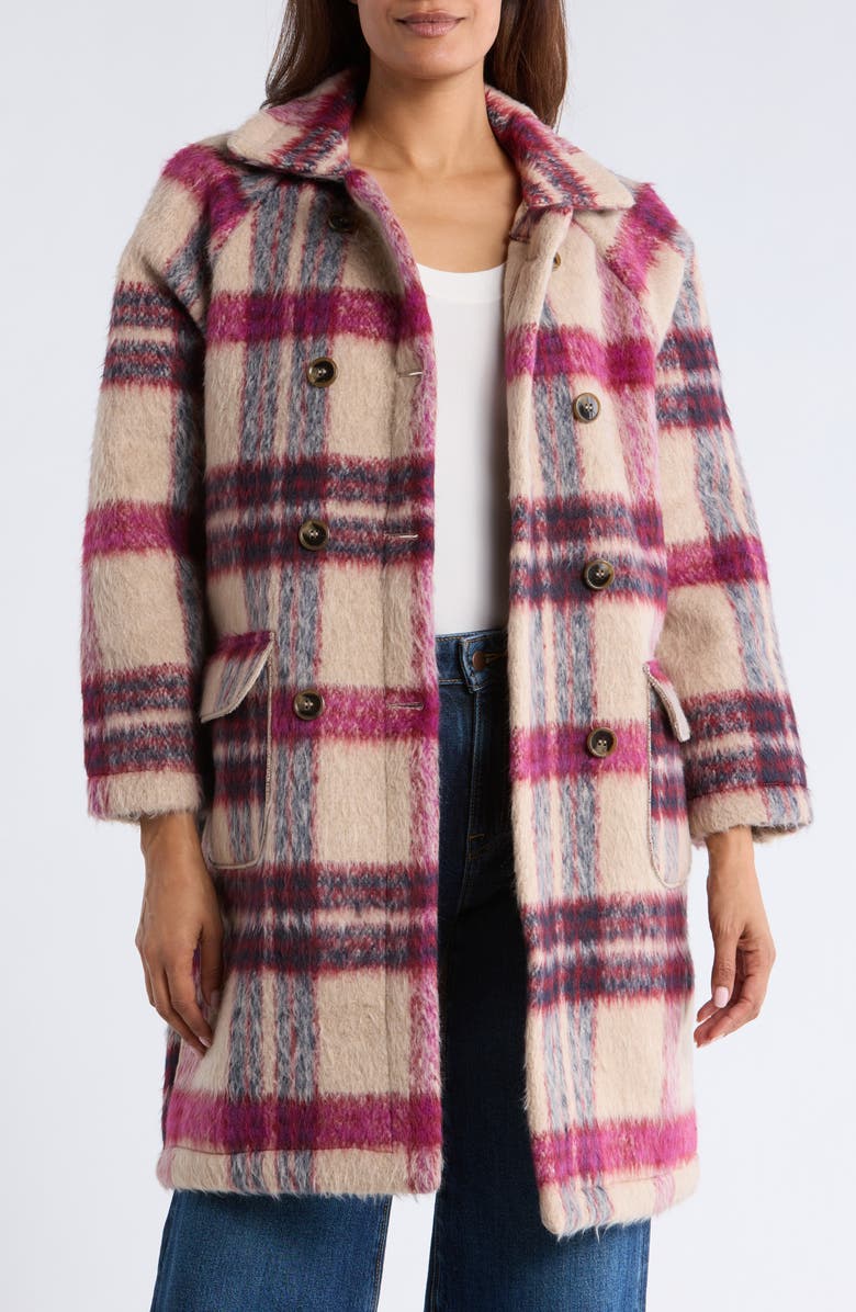 MELLODAY Plaid Faux Fur Peacoat, Alternate, color, Beige Burgundy Plaid
