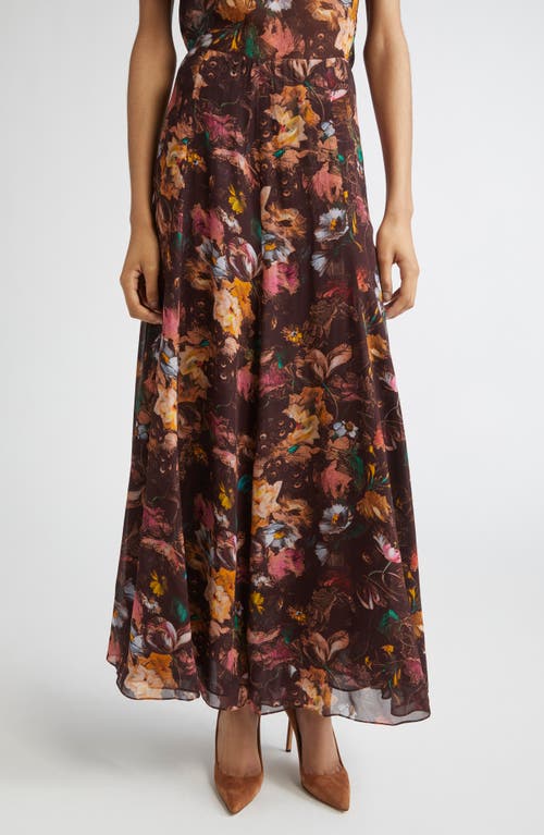 Lela Rose Floral Chiffon A-line Maxi Skirt In Brown