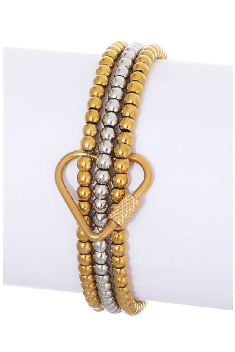 Set of 3 Two-Tone Heart Carabiner Beaded Stretch Bracelets, Alternate, color, GOLD/ SILVER
