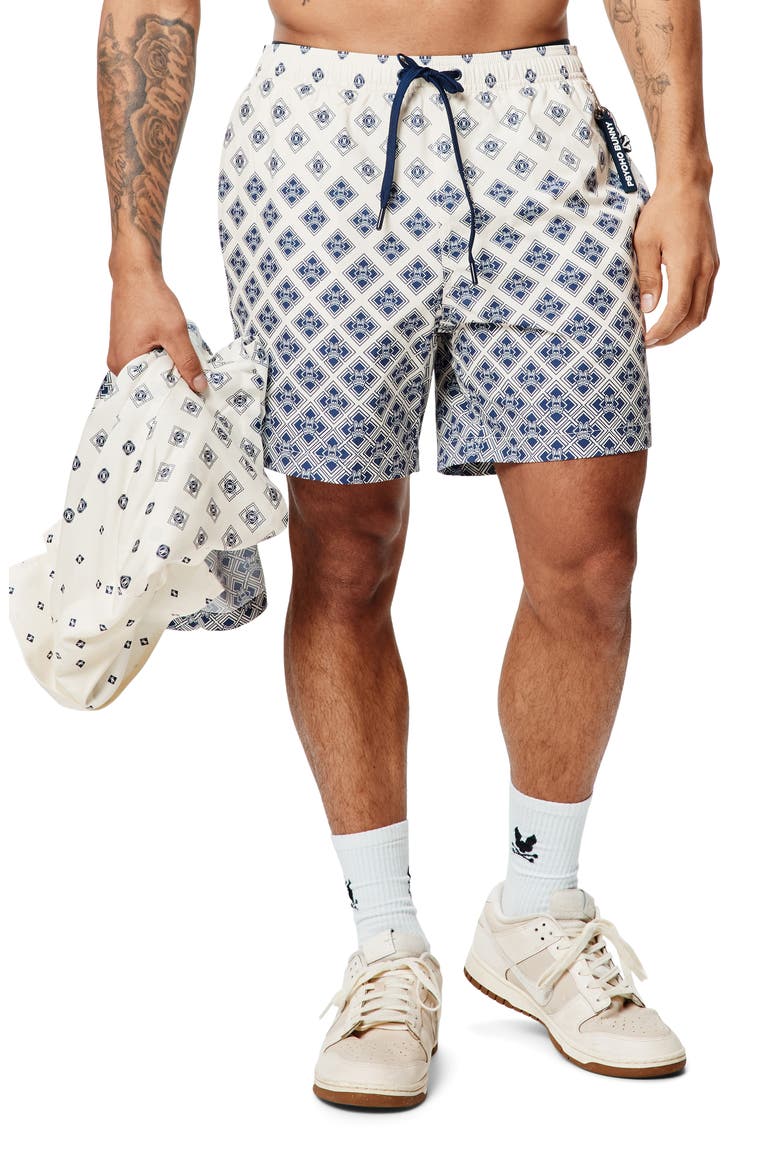 Tobias Geo Print 6-Inch Swim Trunks, Main, color, PRISTINE