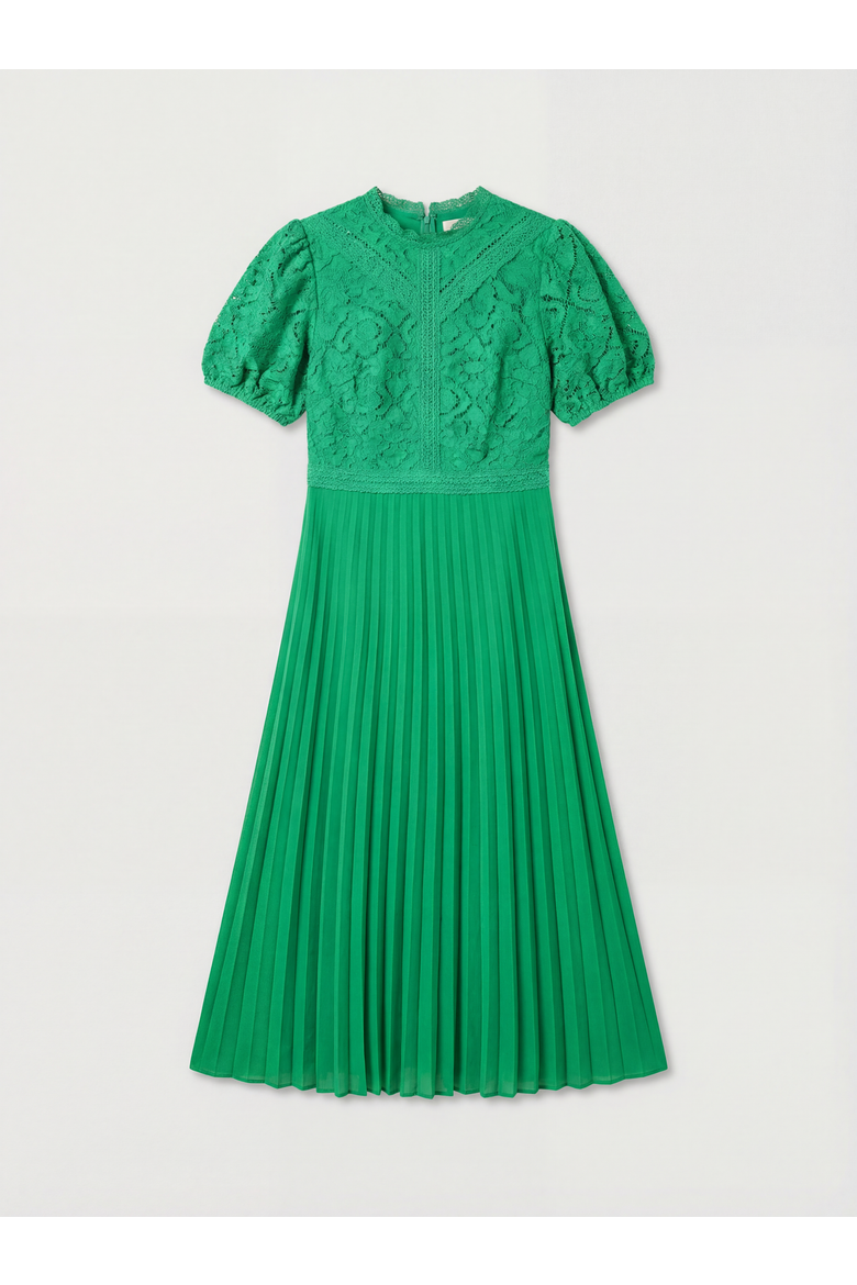 Lace Puff Sleeve Pleated Midi Dress, Alternate, color, Bright Green