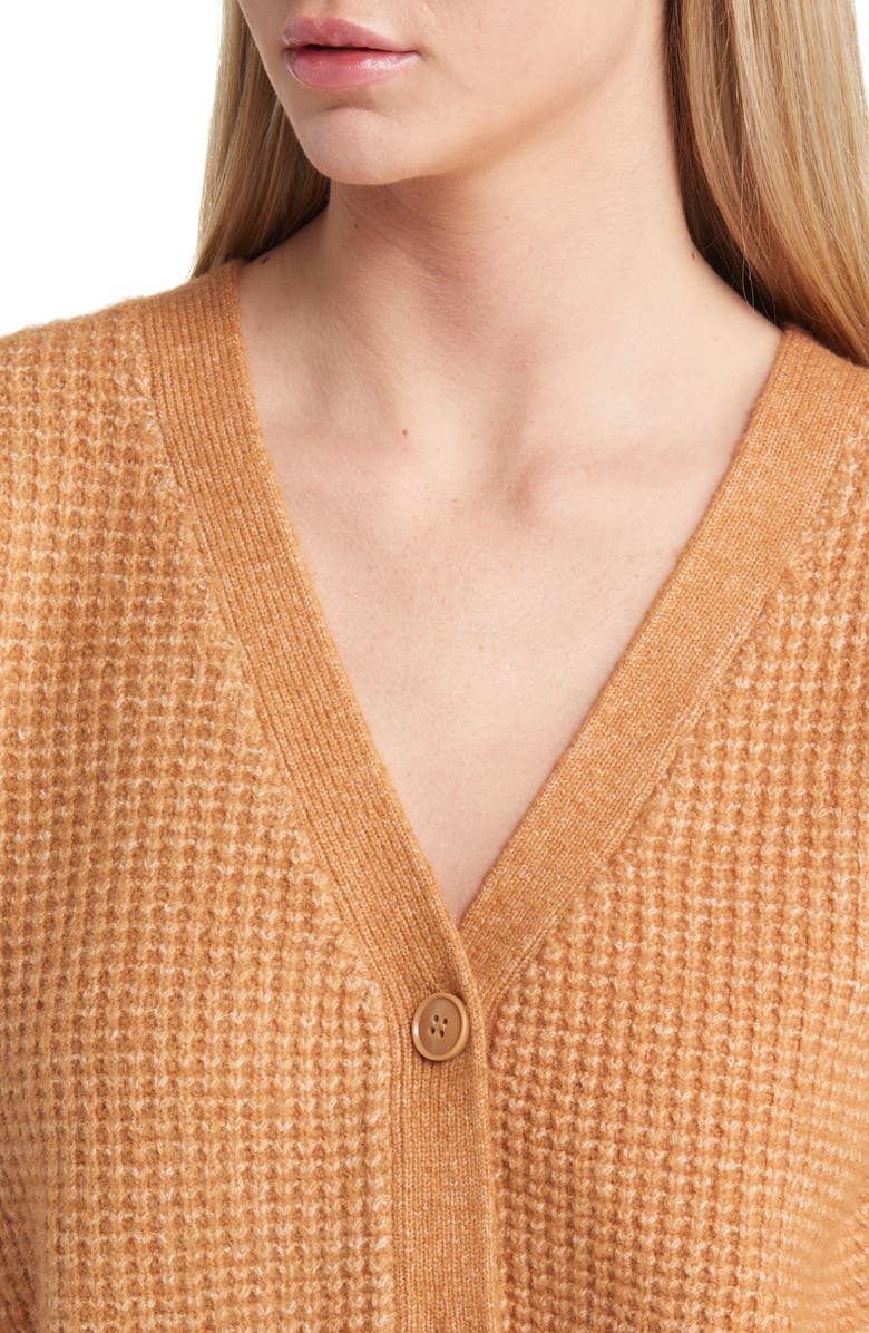 Topshop Waffle Knit Crop Cardigan, Alternate, color, Camel