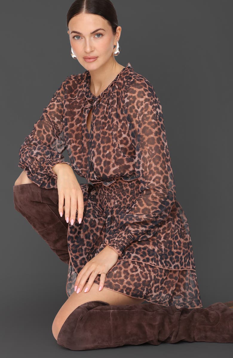 Avec Les Filles Print Ruffle Long Sleeve Minidress, Alternate, color, Mocha Cheetah