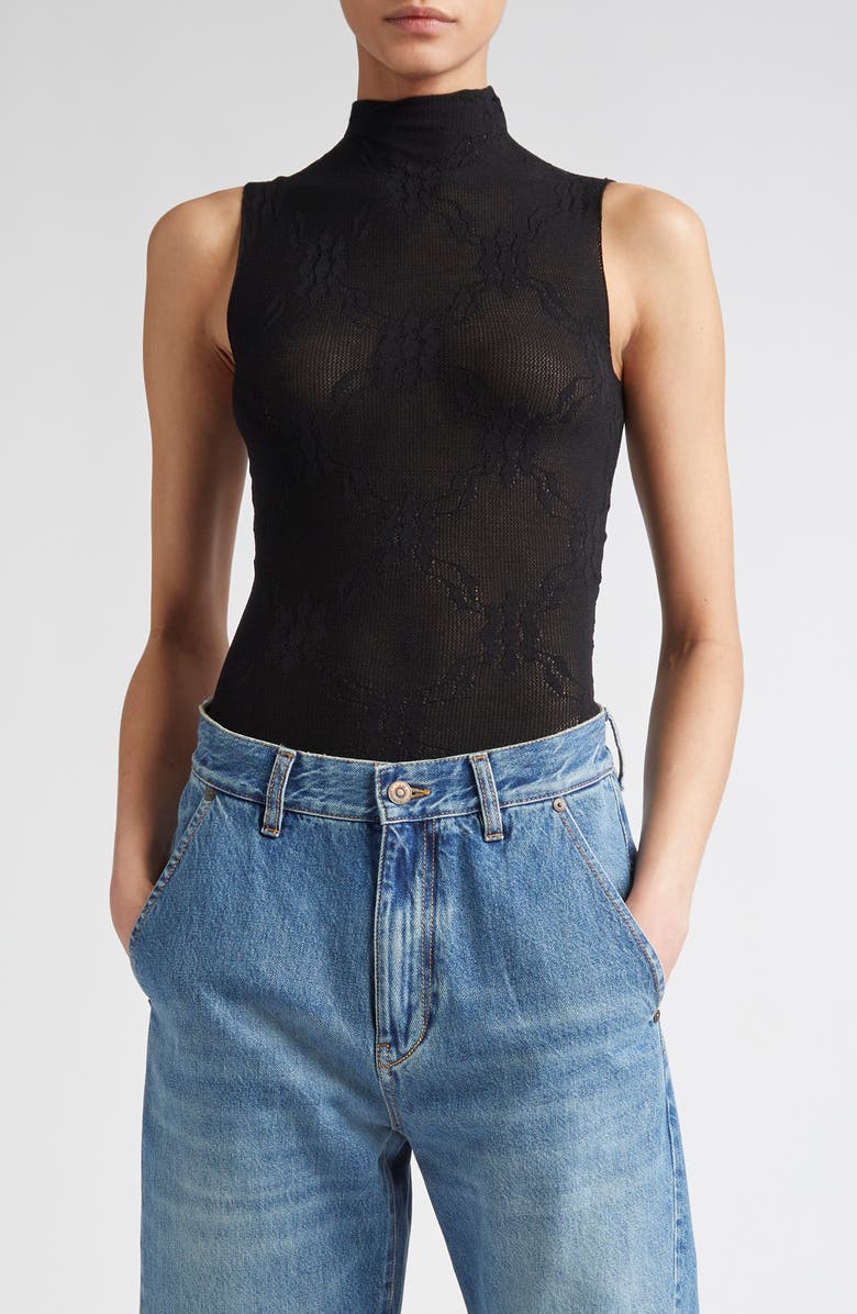 Victoria Beckham Funnel Neck Sleeveless Lace Bodysuit, Main, color, Black