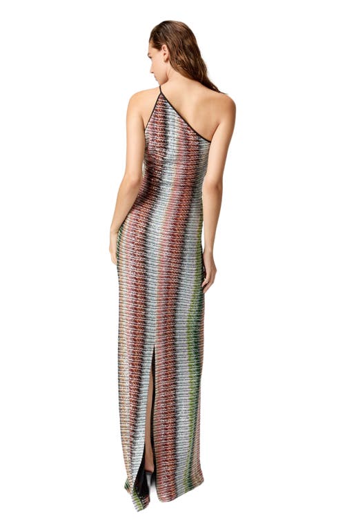 Missoni Womens Green Red And Sky Tones Striped One-shoulder-strap Knitted Maxi Dress In Multicoloured