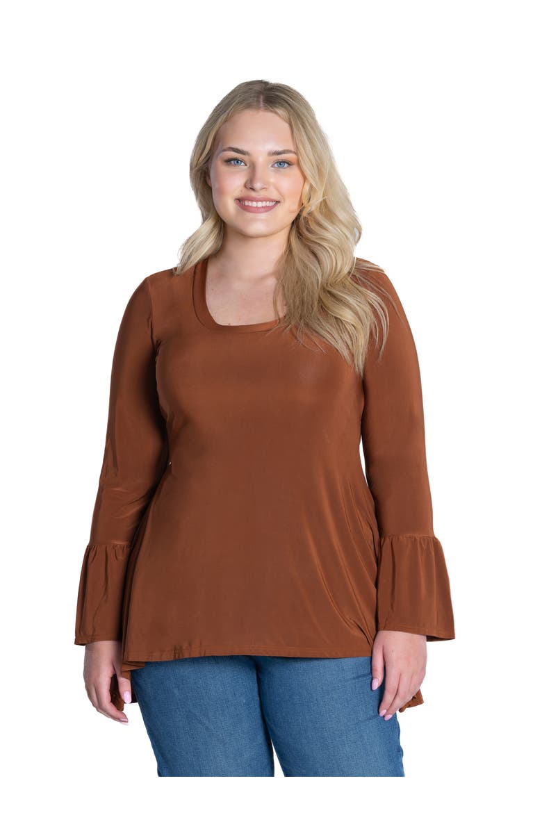 24seven Comfort Apparel Plus Size Long Bell Sleeve High Low  Tunic Top, Main, color, Tobacco