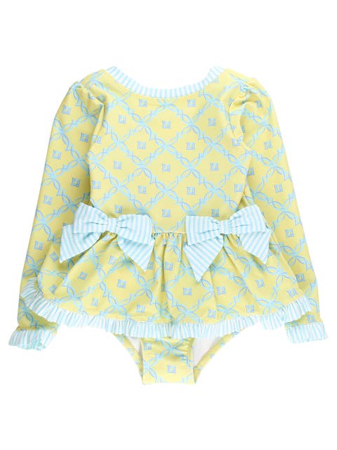 UPF50+ Long Sleeve One Piece Bow Peplum Rash Guard Swimsuit