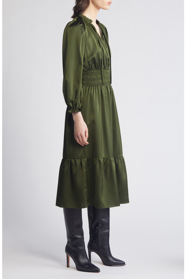 Ruffle Trim Long Sleeve Satin Dress, Alternate, color, OLIVE