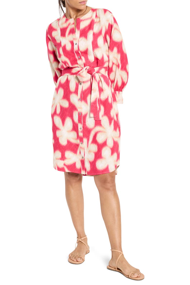 Glowing Flower Long Sleeve Belted Shirtdress, Main, color, PINK MULTI