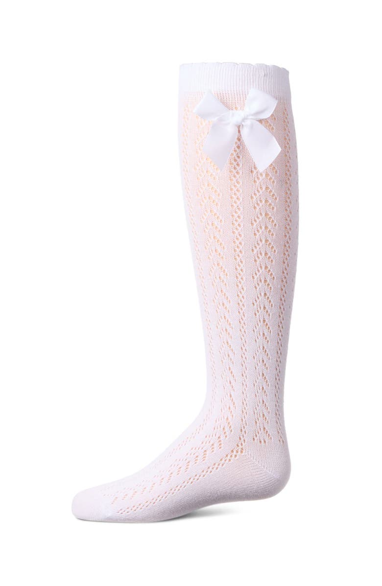 MeMoi Crochet Bow Knee High Sock, Main, color, White
