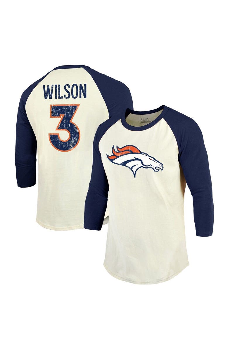 Majestic Threads Men's Majestic Threads Russell Wilson Cream/Navy Denver Broncos Vintage Player Name & Number Raglan 3/4-Sleeve T-Shirt, Main, color, 