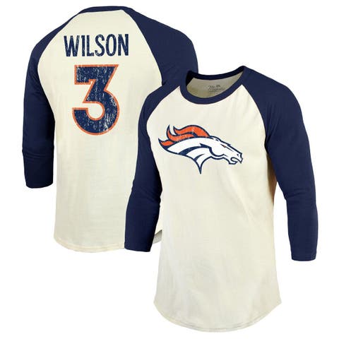 Men's Majestic Threads Russell Wilson Cream/Navy Denver Broncos Vintage Player Name & Number Raglan 3/4-Sleeve T-Shirt