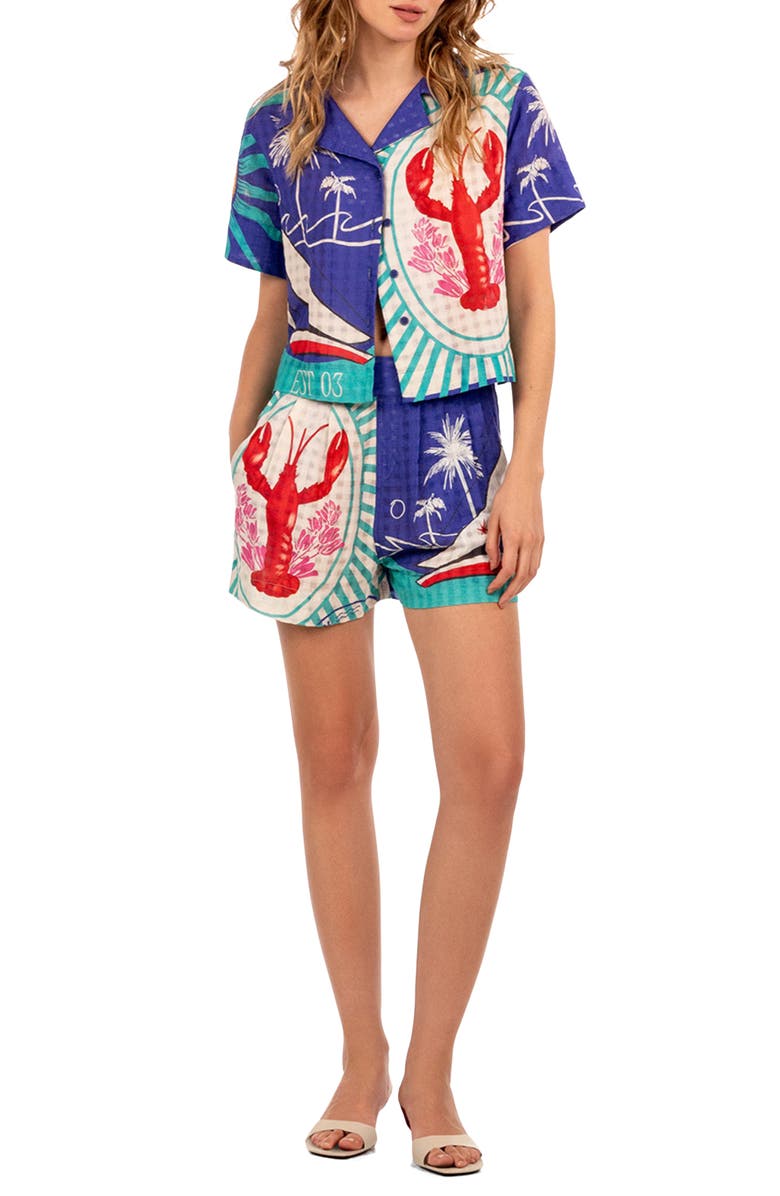 Agua Bendita Lia Alina Cotton Cover-Up Shorts, Main, color, Blue Multi