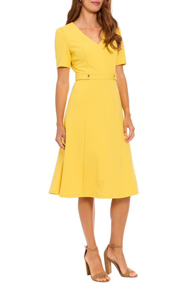 London Times Short Sleeve Side Tab A-Line Midi Dress, Alternate, color, Banana Cream