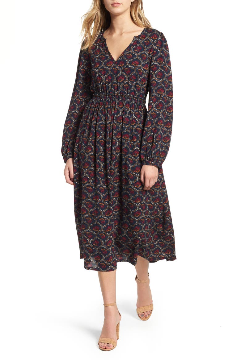 Print Midi Dress, Main, color, NAVY NIGHT LATTICE