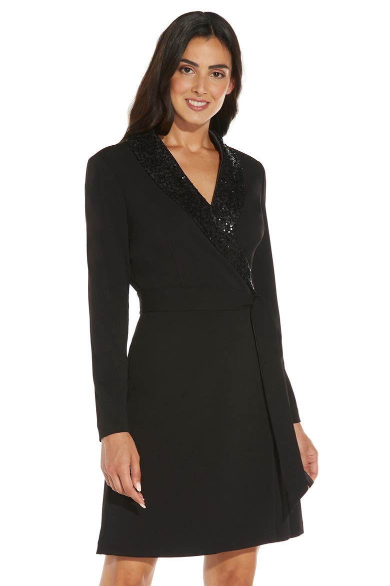 Long Sleeve Crepe Tuxedo Dress, Alternate, color, BLACK