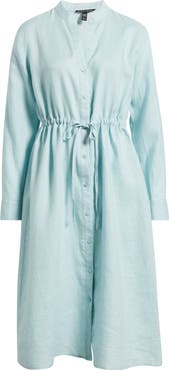 Eileen Fisher Mandarin Collar Long Sleeve Organic Linen Midi Shirtdress