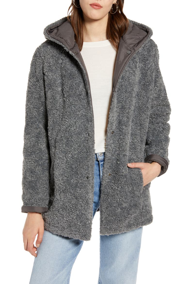 Reversible Faux Fur Hooded Coat, Main, color, GREY