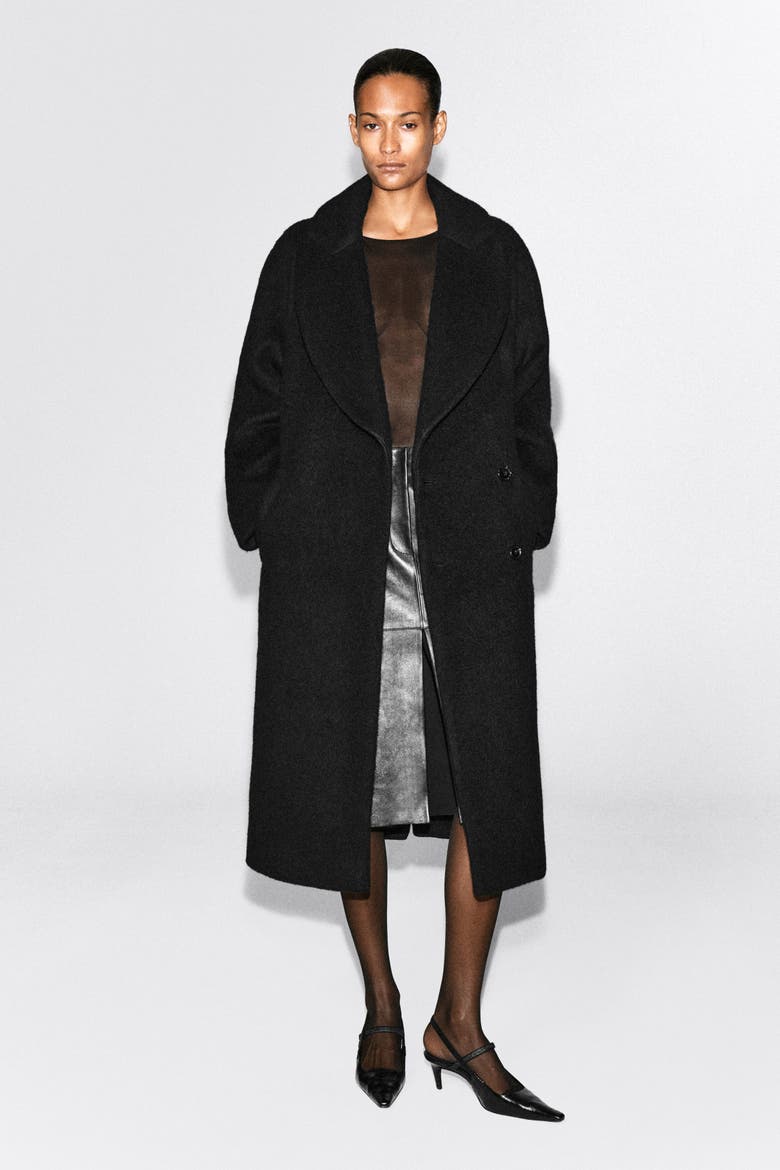 Brushed Wool Maxi Coat, Alternate, color, BLACK