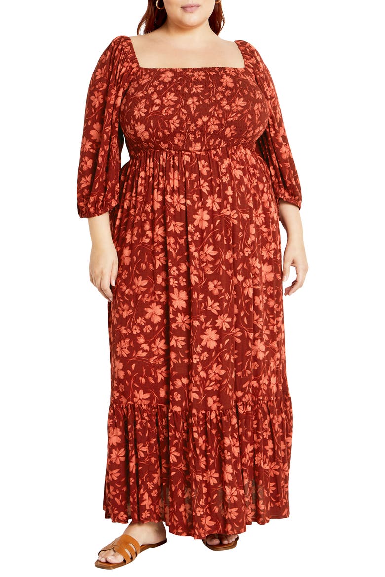 Kaylee Floral Smocked Bodice Maxi Dress, Main, color, RUST FLORAL