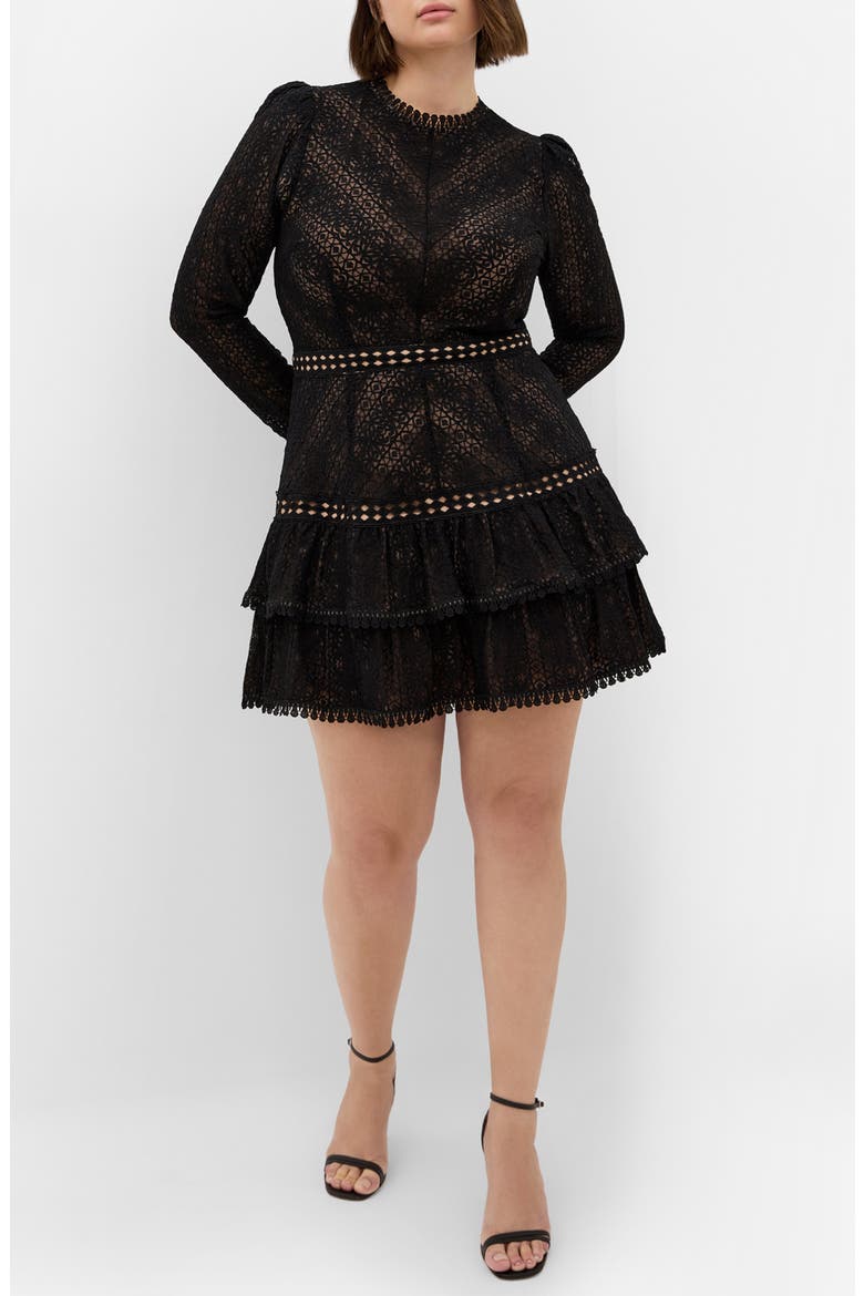 Gabriella Long Sleeve Lace Minidress, Main, color, BLACK